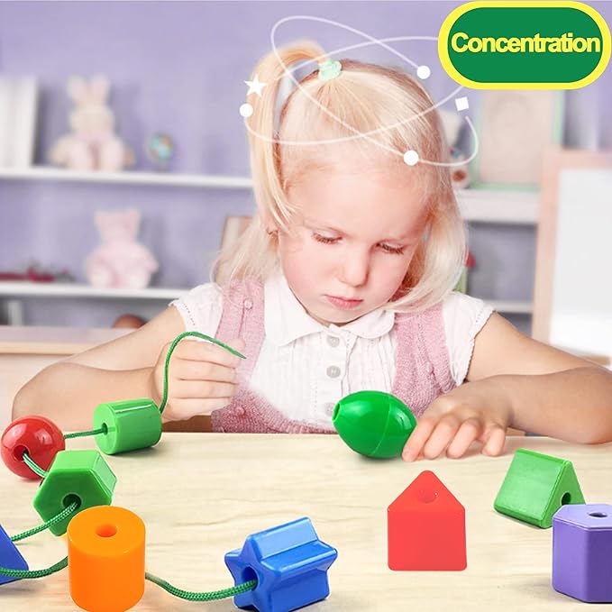 Toddler Toys - Big Lacing Beads Set for Fine Motor Skills & Hand-Eye Coordination - 36 Beads & 6 Strings - Color Sorting & Counting Educational Learning Toy Montessori Toys
