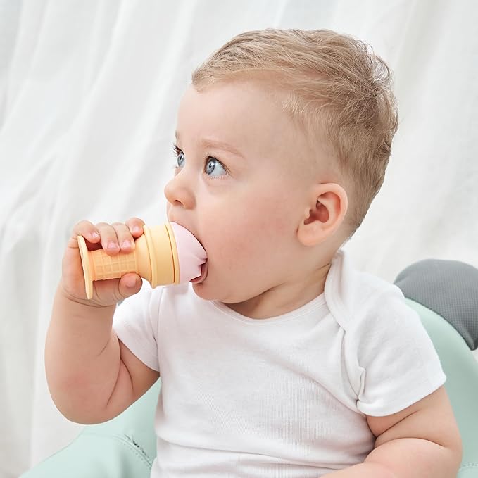 Smily Mia Ice Cream Cone Baby Teething Toys, Water-Filled Freezable Teether for Babies&Infants, Teething Relief for 0-18 Months, Not-Too-Cold-to-Hold Freezer Teether for 3-6 6-12Months, Peach Pink