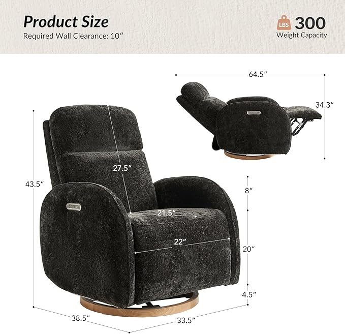 HULALA HOME Glider Recliner Nursery Chair with Adjustable Headrest and Lumbar Support, Modern Power Recliner with USB Port and Nightlight, Swivel Rocker Glider for Nursing Room Bedroom, Black