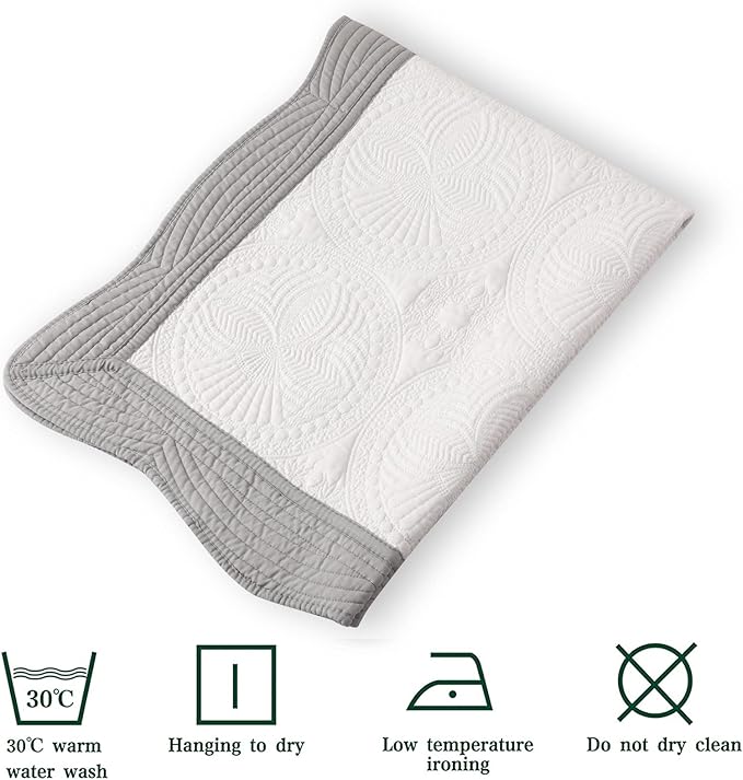 MONOBLANKS Baby Quilt Personlized Monogram Lightweight Embossed Scalloped Throw Blanket Four Seasons (White-Grey Trim)