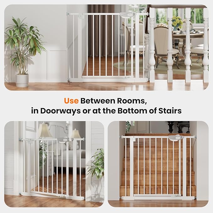 Auto-Close Baby Gate for Stairs & Doorways Dog Gate - Adjustable Steel Safety Gate with Dual Lock, Fits 29"-39" Wide, Pressure Mount No Drilling (White, 30-39" W x 30" H)