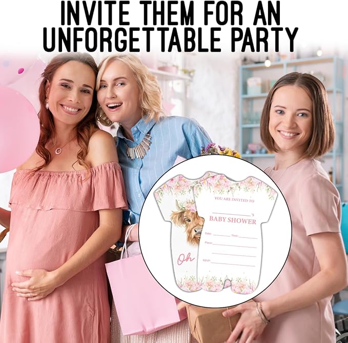 LyoGao Highland Cow Baby Shower Invitations for Girl - Pink Floral Cow Baby Shower Party Fill in Invites Cards With Envelopes (20 Pack)
