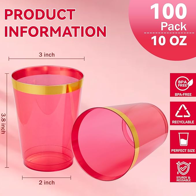 supernal 100 Pcs Red Plastic Cups - 10 Oz Clear Disposable Cups with Gold Trim,Clear Red Plastic Cocktail Glasses Perfect for Weddings,Birthday,Parties & Elegant Events,Disposable Party Cup