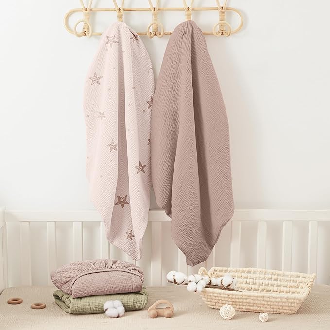Bearmoss Muslin Mini Crib Sheets for Pack N Play Mattress - 100% Cotton - 38"x26" Soft Breathable Playard Baby Crib Sheets Neutral for Boys Girls - 2 Pack (Pink Star)
