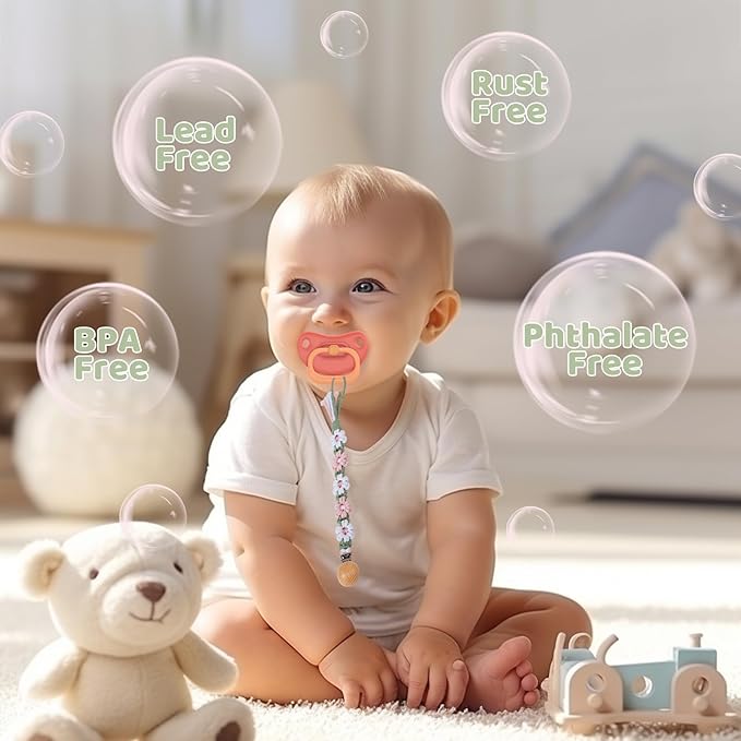 Pacifier Clip for Boys Girls Floral Daisy Macrame Baby Paci Clip Pacifier Holder Leash Boho Wooden Clips Handmade Braided Cotton Binky Clips (1pack:Misty Rose)
