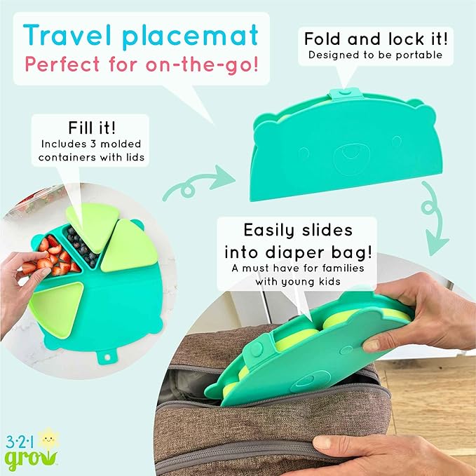 On-The-Go Snack Mat – Baby Silicone Travel Dining Placemat – Portable Silicone Toddler Plate – Reusable Snack Container with 3 Compartments and Lids for 6 Months + (Aqua)