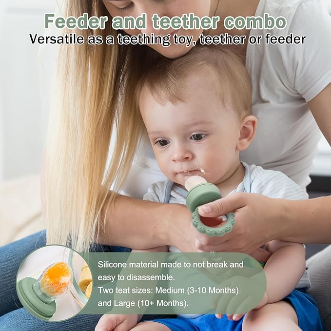 Baby Silicone Fruit Food Feeder Pacifier & Breastmilk Popsicle Freezer Molds,BPA Free Baby Food Storage Containers Frozen Ice Tray for Baby Feeding Safely, Infant Fruit Teething Toy (Green)