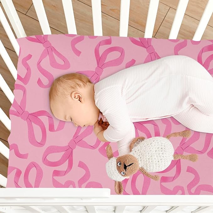 Baby Crib Sheets Pink Bow on Light Crib Sheets for Boys Girls,Neutral Bassinet Toddler Bed Play Sheets Breathable Soft and Portable 52 * 28 * 9in
