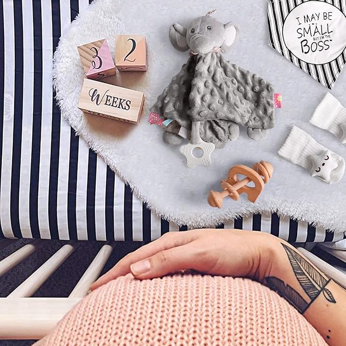 Baby Shower Gifts, Baby Boy Gifts, Christmas Baby Gift Set for Newborn Essentials Baby Blanket Elephant Lovey Wooden Rattle, Infant Bibs Socks & Greeting Card, Gender Reveal Gift Basket