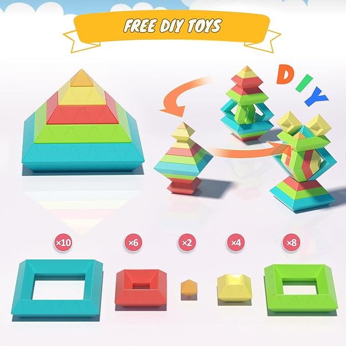 Montessori Toys for Ages 3 4 5 6 Toddlers Kids Baby,Pyramid Stacking Building Toys,3D Preschool Learning Blocks for Kids,STEM Sensory Toy Gifts for 2-4 Year Old Boy Girl,Plastic Storage Bag Set