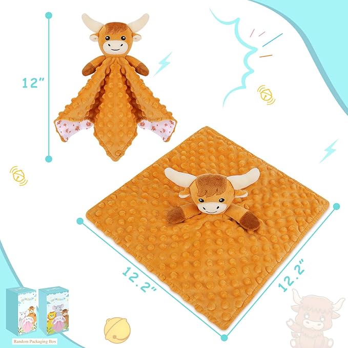 Loveys for Babies,Soft Baby Security Blanket for Newborn Infant Toddler Snuggle Toy Stuffed Animal,Lovey Highland Cow Security Blankets Baby Unisex Gifts(Brown Highland Cow,12.2in)