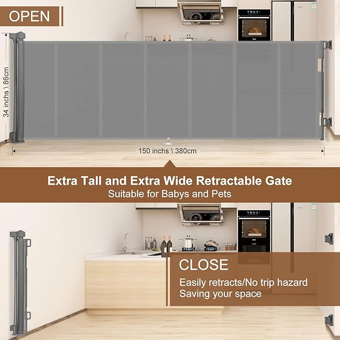 Upgraded 150 inch Retractable Baby Gates Extra Wide with Reinforced Strip Design to Prevent Crawling Through, 34" Tall, 12 FT Wide Retractable Dog Gate, Retractable Gate for Indoor/Outdoor