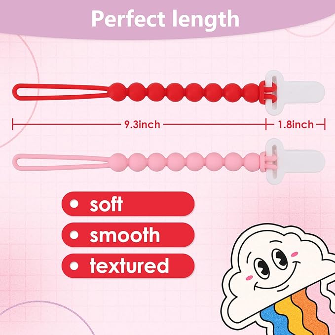 4-Pack Silicone Pacifier Clips with One-Piece Beads for Baby Boys and Girls - Flexible and Rust-Free Holders for Teething Relief and Baby Essentials, Safe for Newborns (Pink)