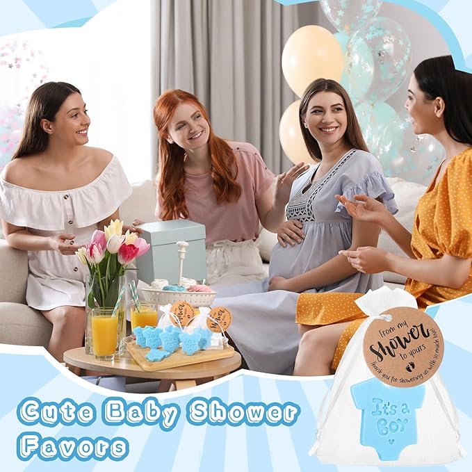 50 Sets Baby Shower Soap Favors for Guests Boy Girl Mini Handmade Scented Soaps with Thank You Tags and Organza Bags for Shower Gender Reveal Party Favors(It's A Boy,Blue Baby Shirt)