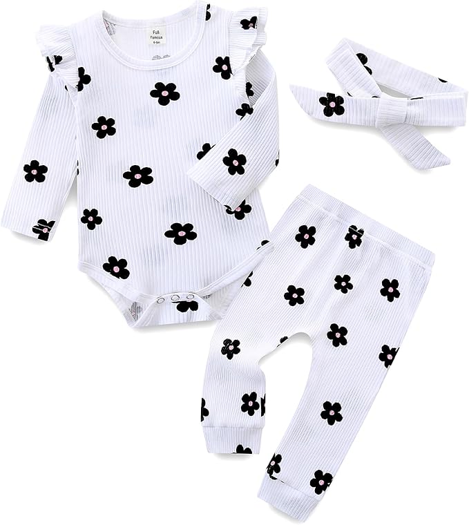 Fullfamous Baby Girl's 3pc Rib Frill Long Sleeve Romper and Pant Set