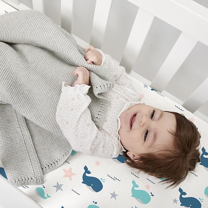 Little Grape Land Toddler Sheets 4 Pack – Baby Crib Sheets Fitted for Boys Girls, Standard Size 28x52‘’ Crib Mattress, Super Soft Breathable Washable Microfiber (Whale/Shell Blue/Ocean/Navy)