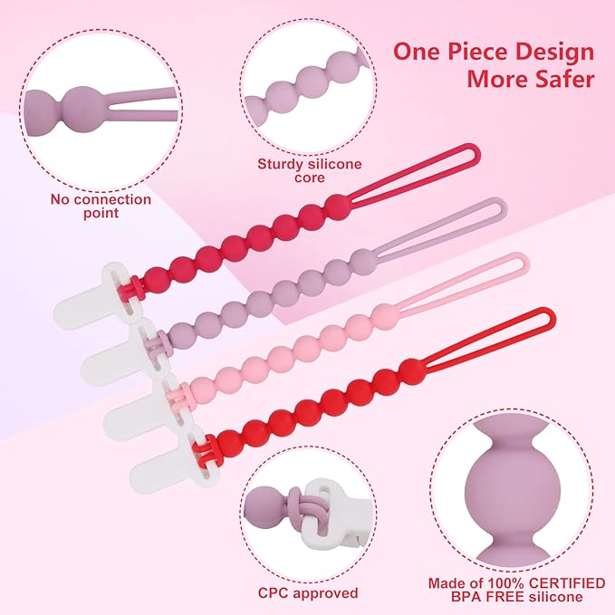 4-Pack Silicone Pacifier Clips with One-Piece Beads for Baby Boys and Girls - Flexible and Rust-Free Holders for Teething Relief and Baby Essentials, Safe for Newborns (Pink)