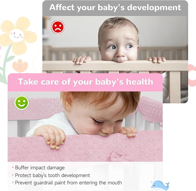 Plush Pink 3pcs New Teething Edge Crib Rail Cover&Corner Guard Coverage Straps,Reversible Guardrail Cover Protector for Boys Girls(1 Long 2 Short)