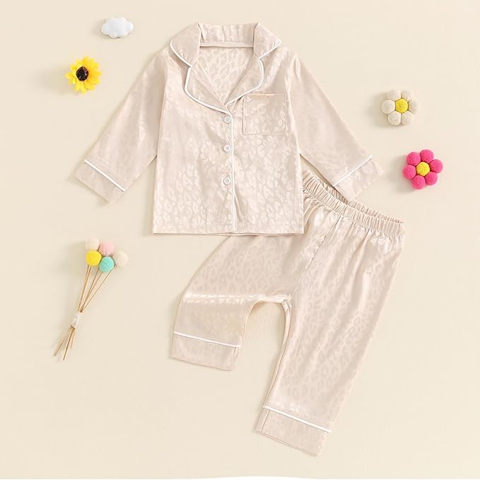 Toddler Kids Baby Girl Solid Pjs Ruffle Long Sleeve Button Shirt Top and Pants Cotton 2Piece Pajamas Set