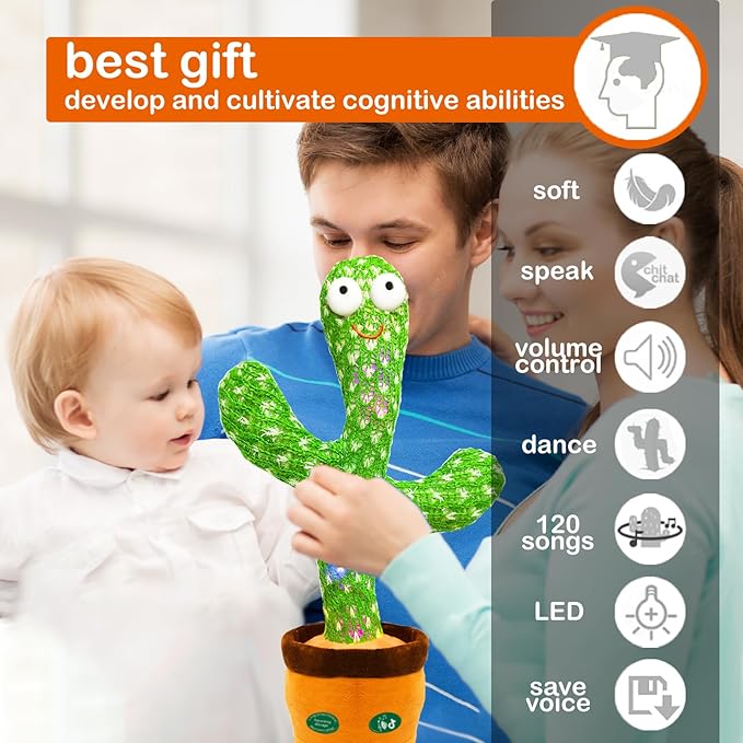 Christmas Dancing Talking Cactus Toy Mimics Back, Cactus Baby Toy Singing Mimicking Repeating Recording, Silly Sunny The Cactus with 3xAA Battery