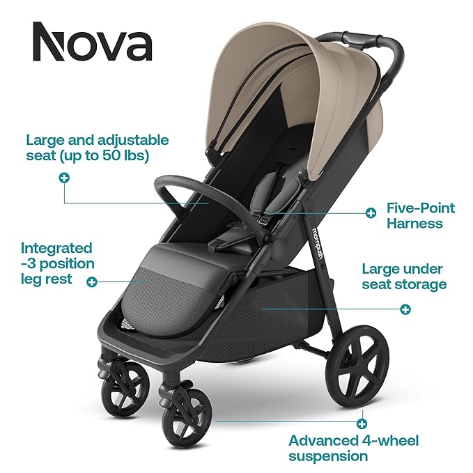 Mompush Nova Baby Stroller for Toddler, Infant & Newborn | Spacious Seat & Lie-Flat Mode | Compact One-Hand Fold, UPF 50+ Canopy & All-Wheel Suspension | Includes Rain Cover & Cup Holder, Khaki