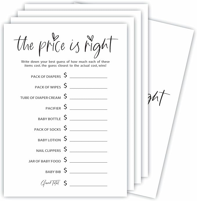 The Price Is Right Baby Shower Game Set - Classic White - 30 Double-Sided Fill In Style Game Cards, Gender Reveal, Baby Announcement, Party Favor & Supplies - B07