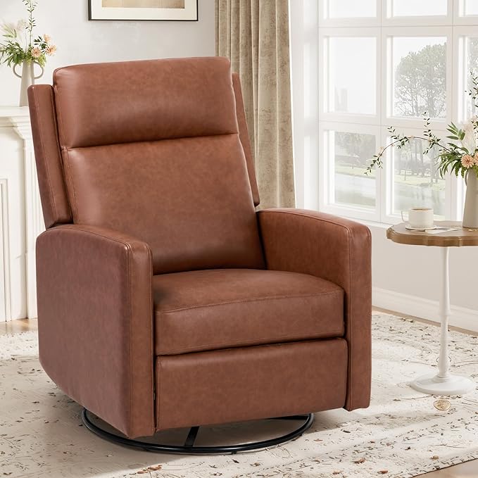 COLAMY Recliner Chair, PU Leather 360° Swivel Rocker Recliner, Nursery Glider Recliner with Ergonomic High Backrest and Upholstered Deep Seat for Living Room, Bedroom, Color Cocoa