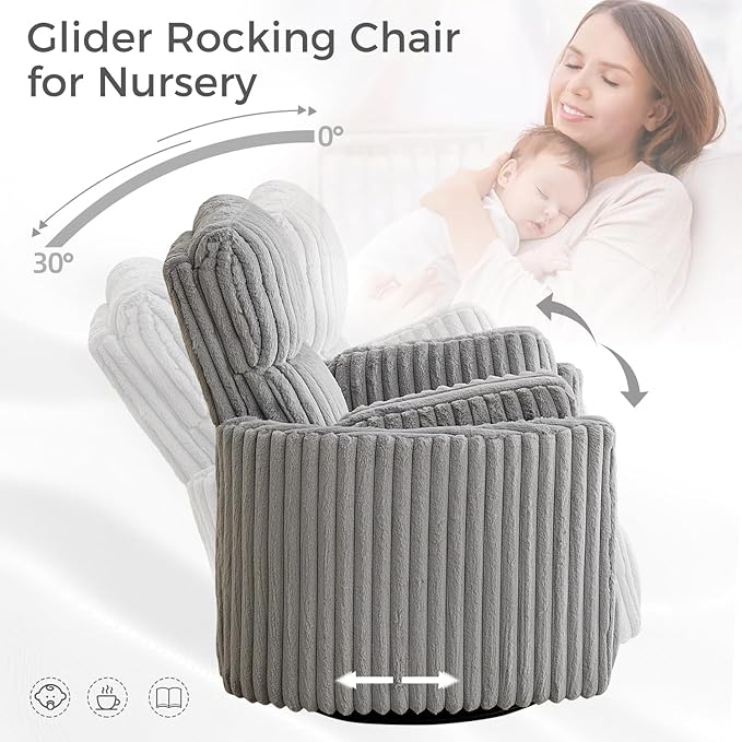 Power Swivel Glider Rocking Recliner Nursery Chair with 2 Pillows, Electric Rocker Reclining Chairs with Type-C & USB Charger Port for Living Room, High Back Barrel Armchair for Bedroom,Corduroy, Grey