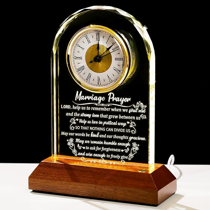 Glass Clock Wedding Gifts for Couples 2025 with Wooden Light Base, Happy Anniversary Marriage Prayer Gift with Inspiring Quotes, Unique Newlywed Mr and Mrs Gifts, Engagement Presents for Home