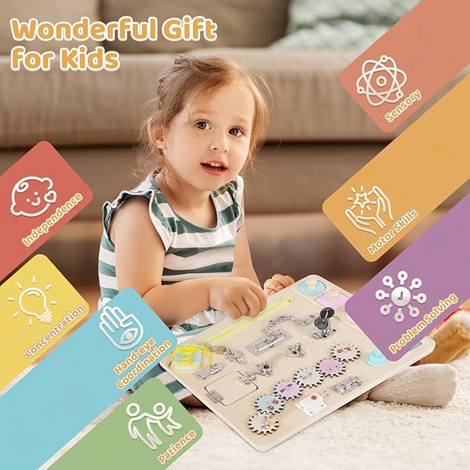 Toddler Wooden Busy Board, Montessori Activity Pad for Kids, Sensory Fidget Board for Children, Preschool Educational Activities Pad Toy.