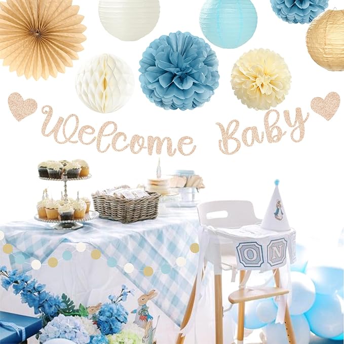 Light-Dusty Blue Boho Baby Shower Party-Decorations - 21pcs Beige Champagne Boy Neutral Welcome Baby Banner Decor,Paper Lanterns Pom Poms Fan Supplies,Streamers Garland Wall Backdrop Favors Huglony
