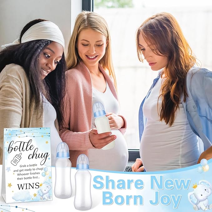 TrelaCo Cool Baby Shower Games Sets 12 Pcs Feeding Bottles with 1 Bottle Chug Sign for Gender Reveal Baby Shower Party Favors Decoration Games(Elephant,Blue)