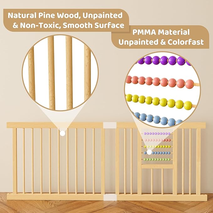 Baby Playpen with Gate, Wooden Playpen for Babies and Toddlers, Baby's Play Yard with Colorful Acrylic Beads, Baby Fence Play Area with Suction Cups, Extra Large Play Pen Area Indoor(79*71*24Inch)