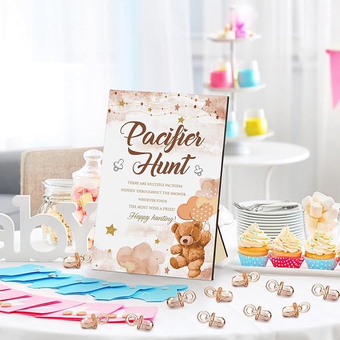 Thyle 51 Pcs Pacifier Hunt Baby Shower Games Include Hunt Sign and 50 Acrylic Pacifiers for Baby Shower Game Decoration Gift Sets Gender Reveal Party Decor(Brown Bear)