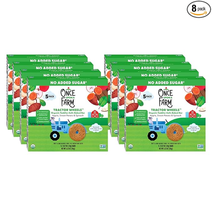 Once Upon a Farm | Organic Toddler Soft-Baked Bar Tractor Wheels | Apple, Sweet Potato & Spinach | Made with Real Fruit & Veggies | No Added Sugar | 8 Boxes