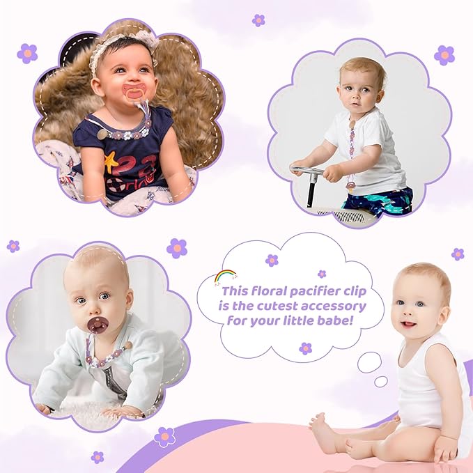 Pacifier Clip for Boys Girls Floral Daisy Macrame Baby Paci Clip Pacifier Holder Leash Boho Wooden Clips Handmade Braided Cotton Binky Clips (1pack:Lavender Style)