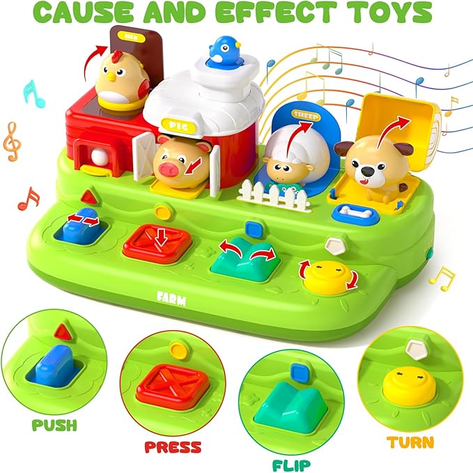 Interactive Pop Farm Animal Up Toys with Music Sounds Montessori Cause and Effect for 1-3 Baby Boy Girl Early Educational Musical Baby Infant STEM Gift 9-12-18 Months Babies Birthday