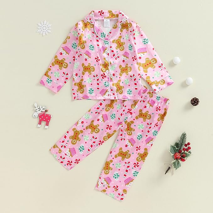 Toddler Kids Baby Girl Solid Pjs Ruffle Long Sleeve Button Shirt Top and Pants Cotton 2Piece Pajamas Set
