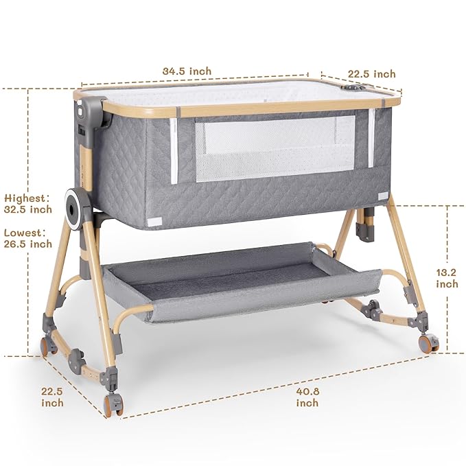 Baby Bassinet 5 in 1,Baby Bedside Bassinet with Diaper Table, Mosquito Net, Mattress, Storage Layer, Can Be Stored in One Button Travel Crib (Gray)