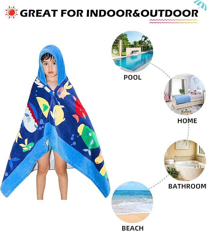 BANGSAUR Kids Hooded Beach Bath Towels, 100% Cotton 50"x30" Wrap Bathrobe, Toddlers Boys 3-12 Years Coverup Towel Ocean Fish