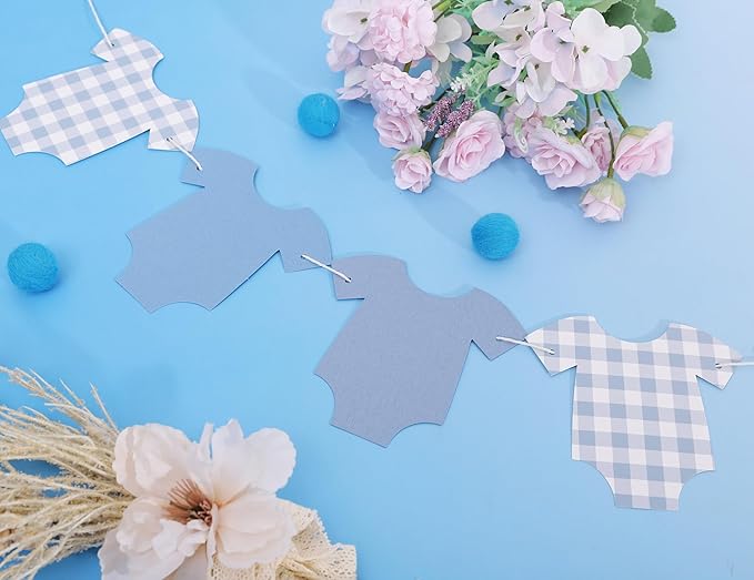 Blue Bodysuit Banner - Blue Gingham Banner,Baby Shower Decoration,Blue Baby Shower Bunting,Girl Boy Baby Shower Decor (bule)