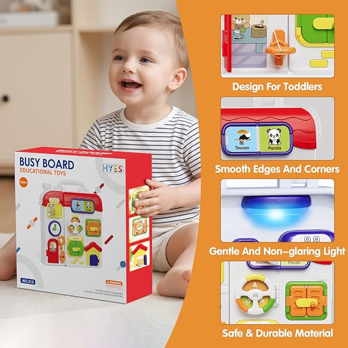 Busy Board for 1+ Year Old, Montessori Sensory Board for Toddlers, Bilingual Learning Toy Travel Musical Birthday Gift for Baby Boys Girls Ages 2 3 4