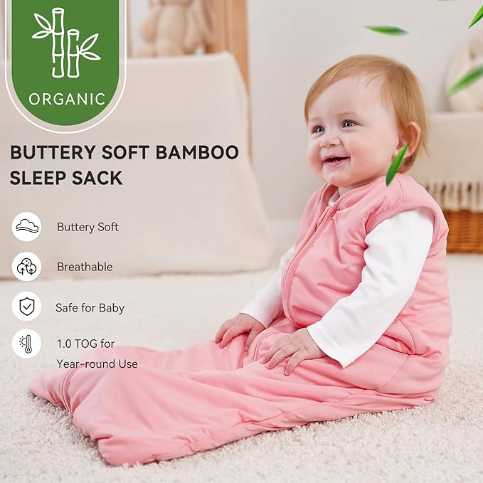 Rayon Made From Bamboo Baby Sleep Sack, SuperSoft 6-12 Months 1.0 Tog Baby Wearable Blanket, Sleeping Sack for Toddler Infant with 2-Way Zipper, Lightweight & Roomy, Pink