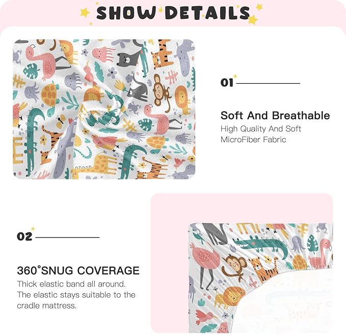 Jungle Animal Crib Sheets for Neutral Bassinet Play Sheets,Sheets Toddler Bed Sheets for Baby Boys Girs 39 * 27 * 5in