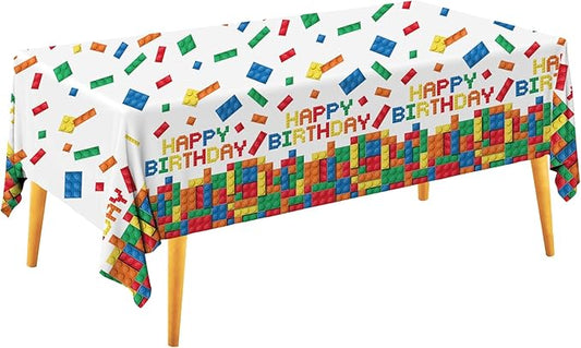 Gatherfun Building Block Tablecloth, Plastic Table Cover for Building Block Themed Kids Birthday Party, 3 PCS, 54'x108'