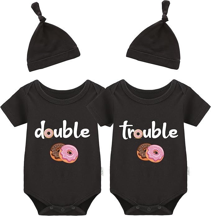 YSCULBUTOL Baby Twins Bodysuits Funny Double Trouble Cute Girl Romper Twin Jumpsuits Hat Set