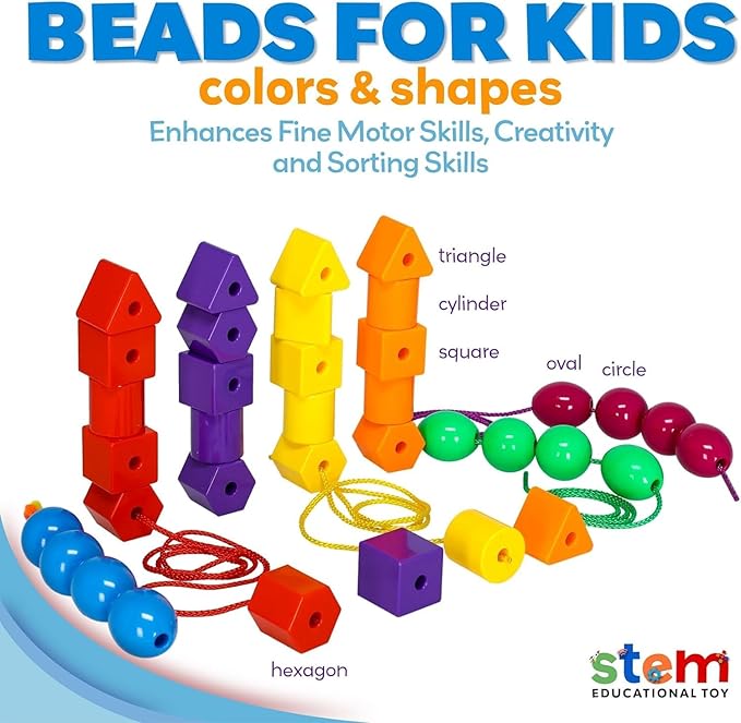 Skoolzy Rainbow Stringing Beads for Toddlers 46 Pcs Set - 5 pk - Stringing Beads - String Beads with Strings, Pipe Cleaners and Bag - Montessori Toys Occupational Therapy for Preschool