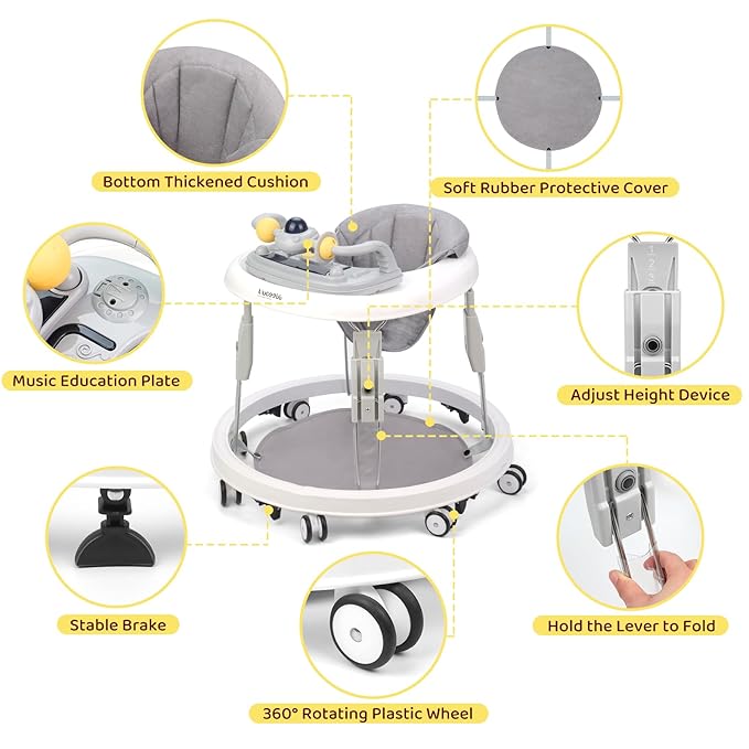 Baby Walker with Wheels,Music and Lights Baby Walker for Boys Girls 6-12 Months,Foldable Baby Walkers and Activity Center,Toddler Infant Walker with 7-Speed Height Adjustment,Detachable Plate,Gray