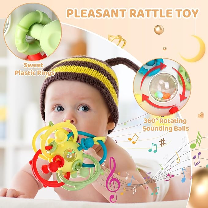 Orzbow Rattle & Sensory Teething Toys for Baby, Montessori Teethers Toys for Babies 3-12 Months, Infant Teething Relief Chew Toys, Stimulating Little Minds & Hands with Educational Toys for Toddlers