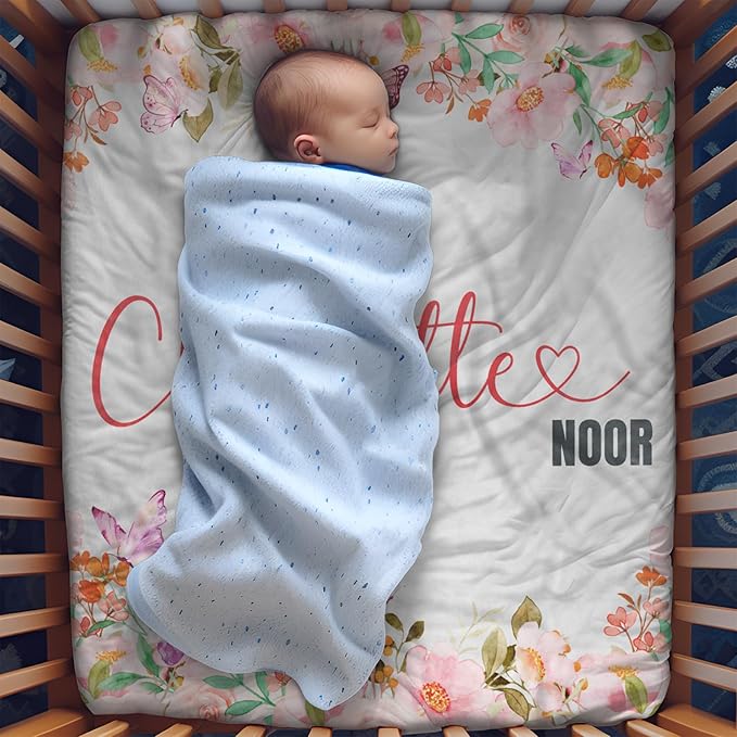 Personalized Baby Blankets for Girls, Customized Name Blanket for Kids, Custom Toddler Blanket Gifts for Birthday, Christmas, Newborn Soft Flannel Floral Blankets Boy Girl Birthday Gifts